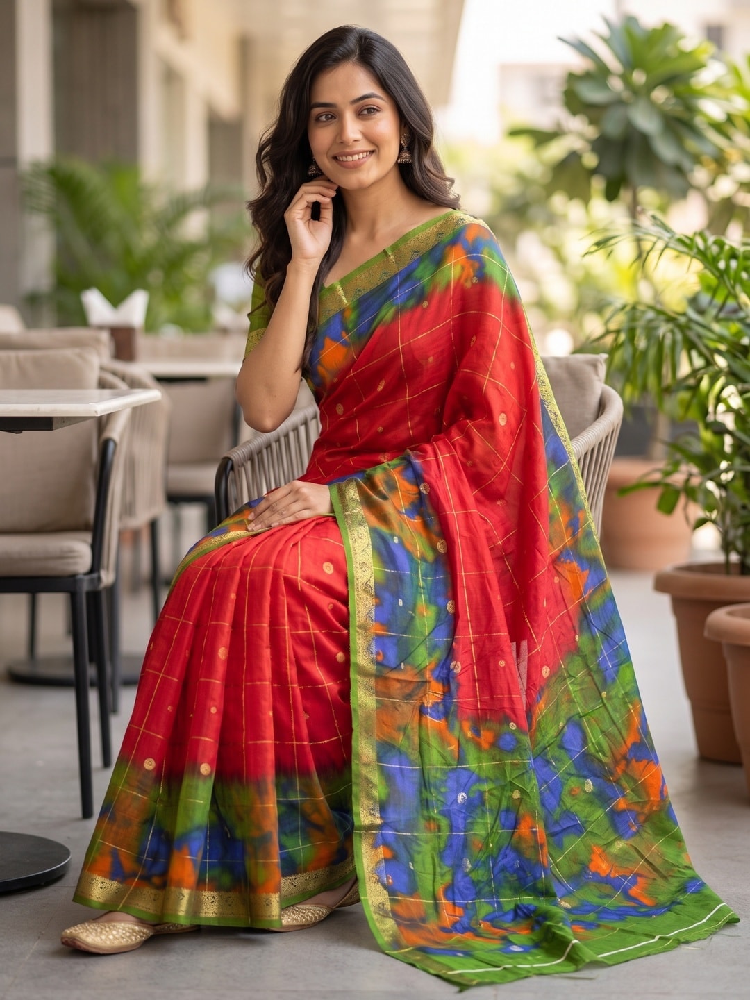 Peachmode Red Pure Cotton Silk Saree With Bentex Jacquard And Shiburi Tie-Dye Print - Image 4
