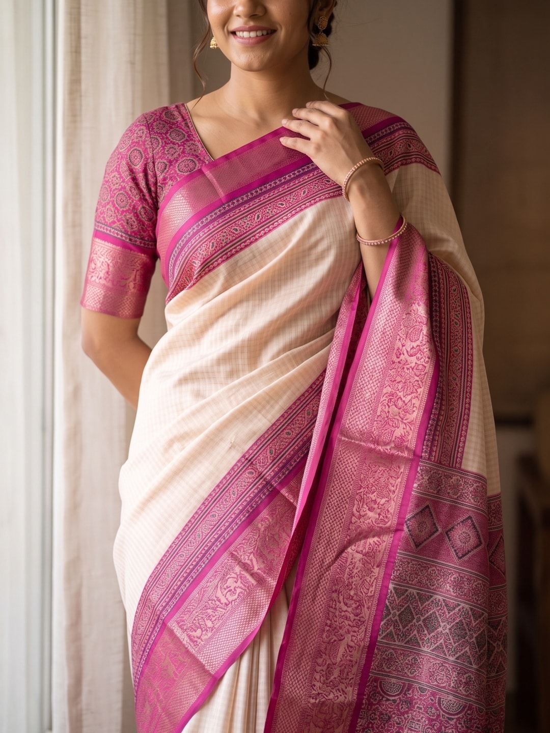 Peachmode Pink Pure Cotton Silk Saree With Ricco Zari Jacquard And Chennur Ethnic Print Pallu - Image 5