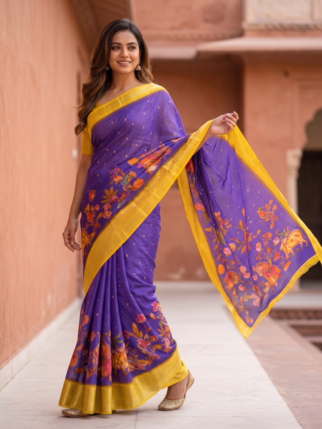 Peachmode Violet Pure Moss Georgette Silk Saree With Jacquard And Kalamkari Zari Floral Print - Image 3