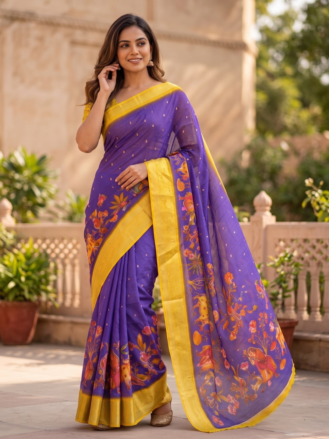 Peachmode Violet Pure Moss Georgette Silk Saree With Jacquard And Kalamkari Zari Floral Print - Image 4