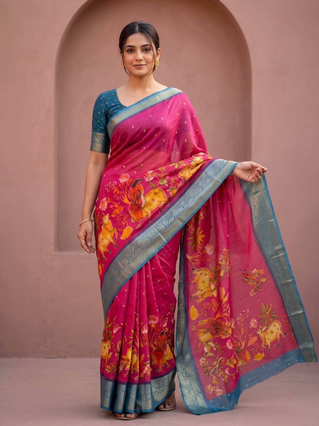 Peachmode Rani Pure Moss Georgette Silk Saree With Jacquard And Kalamkari Zari Floral Print - Image 1