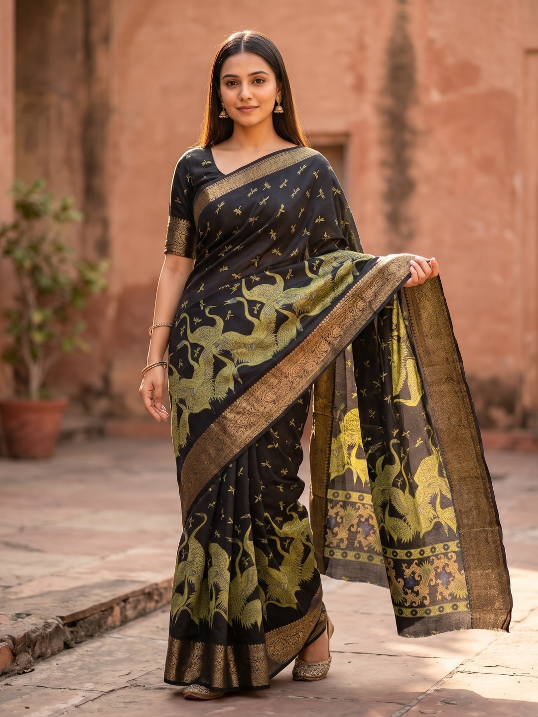 Peachmode Olive Green Pure Cotton Silk Saree With Ricco Zari Jacquard And Crane Print - Image 1