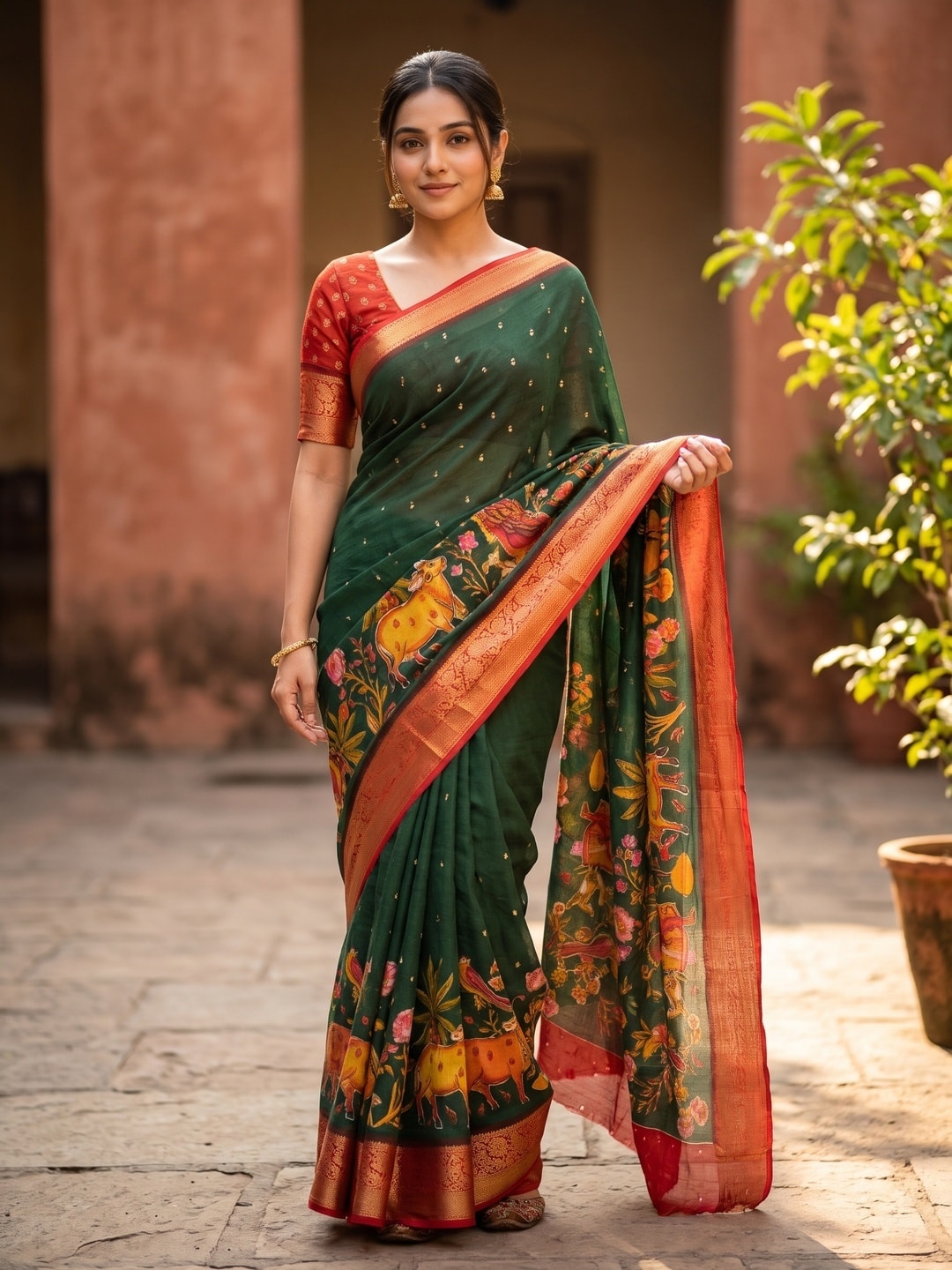 Peachmode Bottle Green Pure Moss Georgette Silk Saree With Jacquard And Kalamkari Zari Floral Print - Image 1