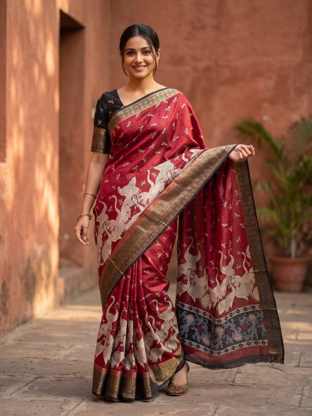 Peachmode Red Pure Cotton Silk Saree With Ricco Zari Jacquard And Crane Print - Image 1