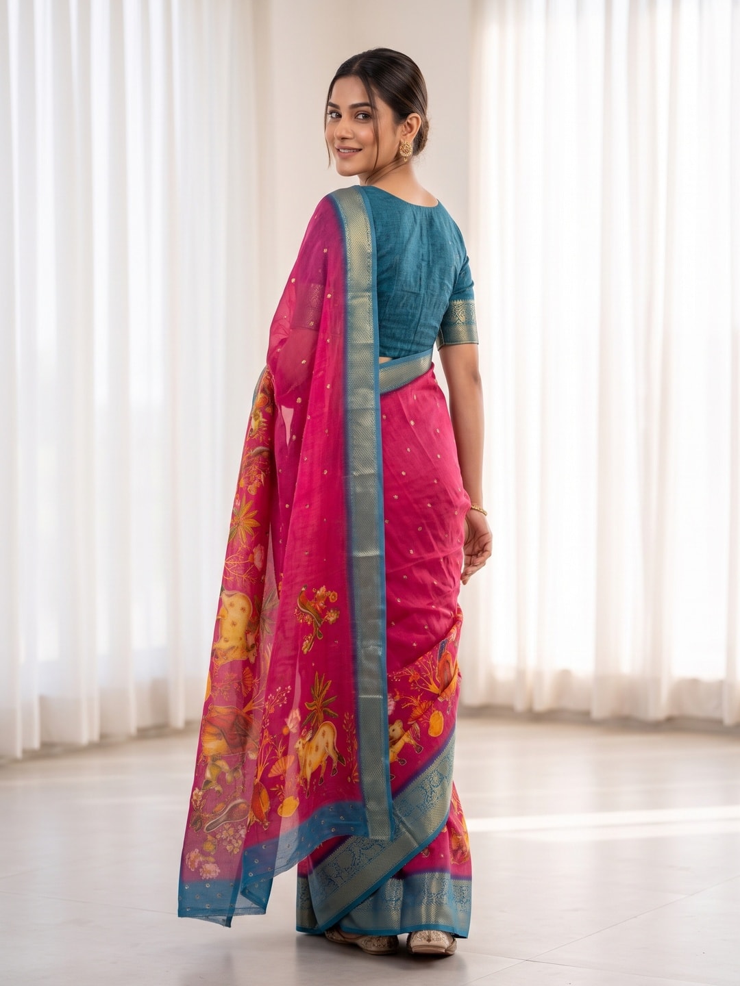 Peachmode Rani Pure Moss Georgette Silk Saree With Jacquard And Kalamkari Zari Floral Print - Image 2