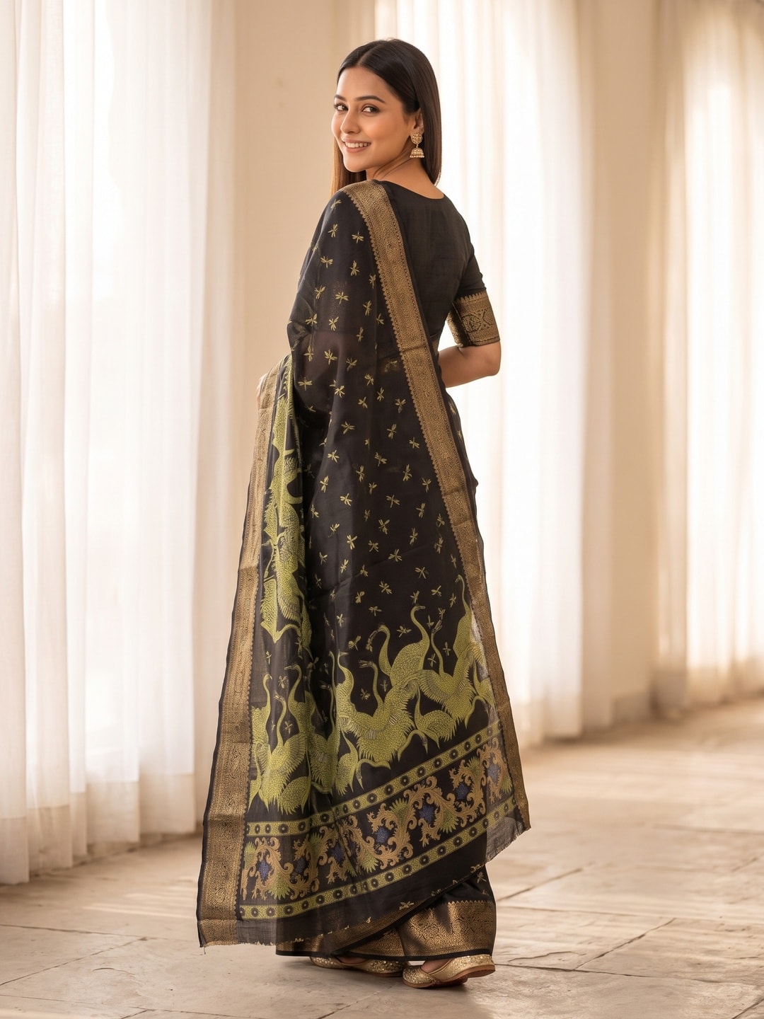 Peachmode Olive Green Pure Cotton Silk Saree With Ricco Zari Jacquard And Crane Print - Image 2