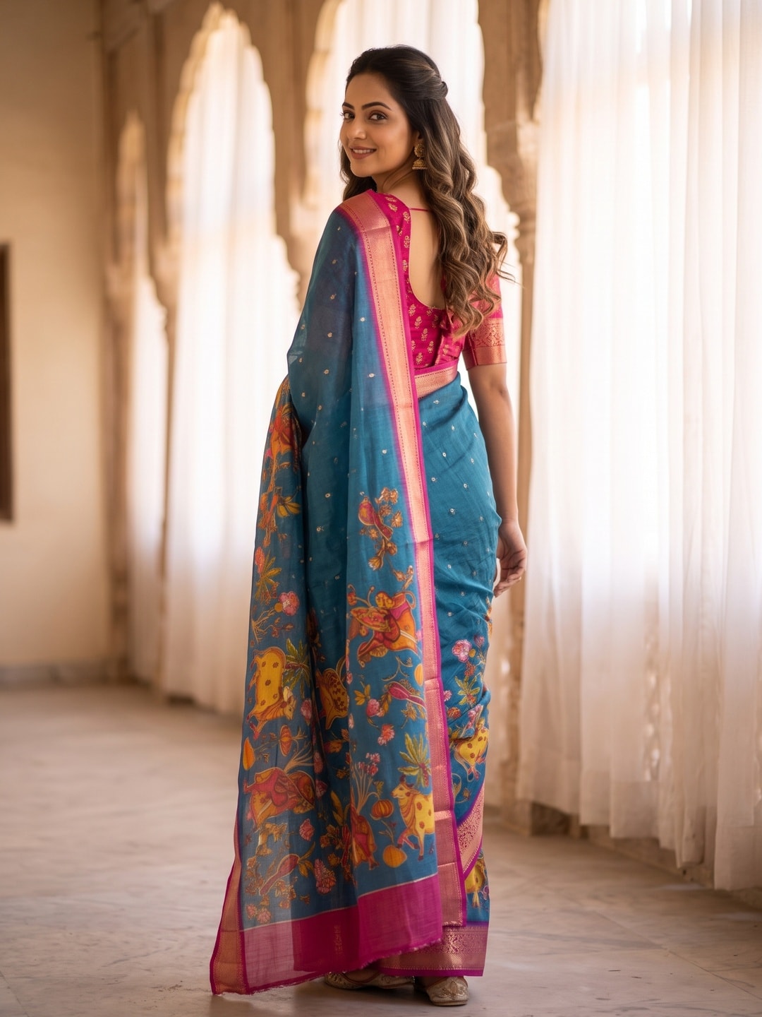 Peachmode Teal Pure Moss Georgette Silk Saree With Jacquard And Kalamkari Zari Floral Print - Image 2