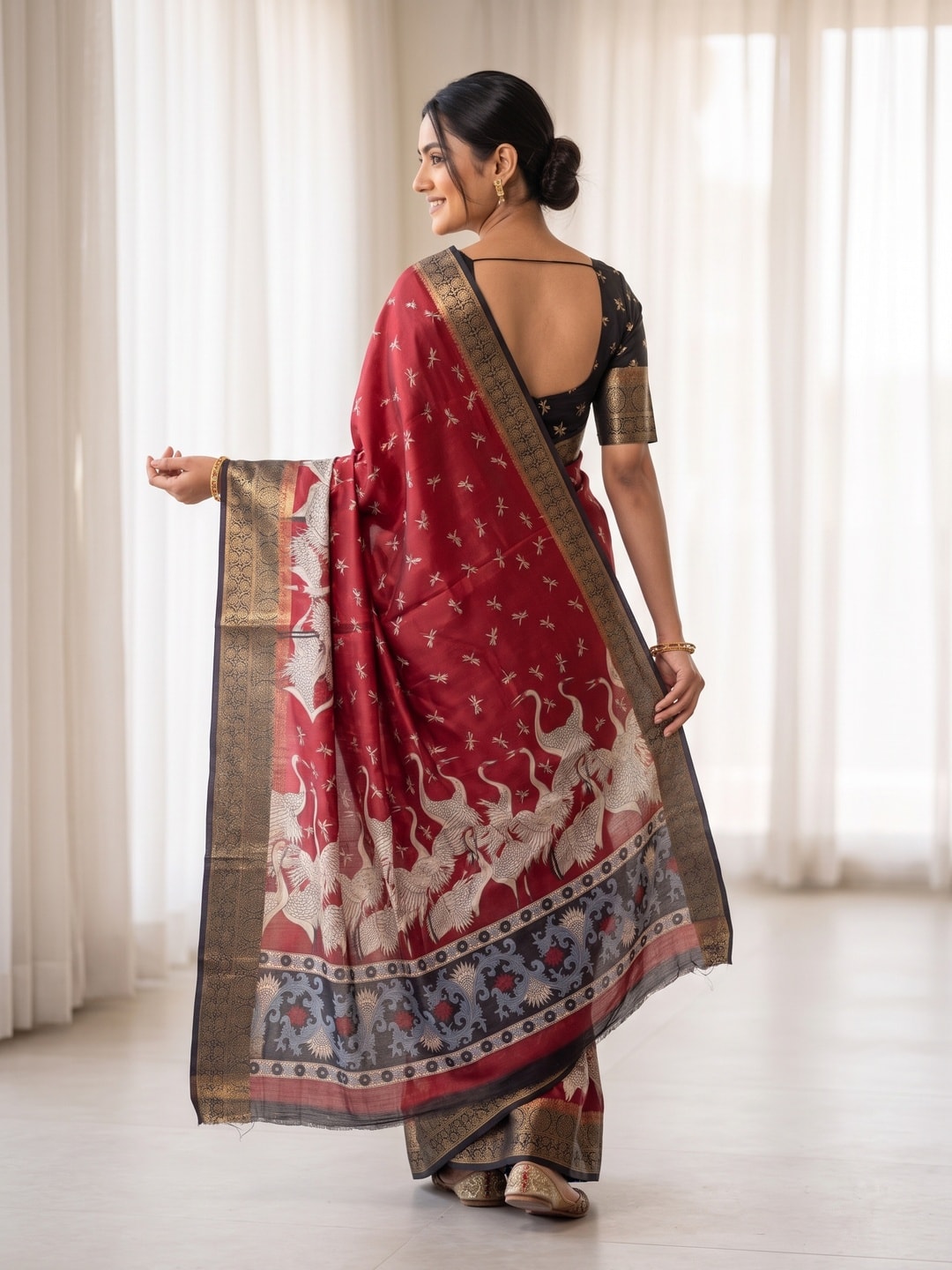Peachmode Red Pure Cotton Silk Saree With Ricco Zari Jacquard And Crane Print - Image 2