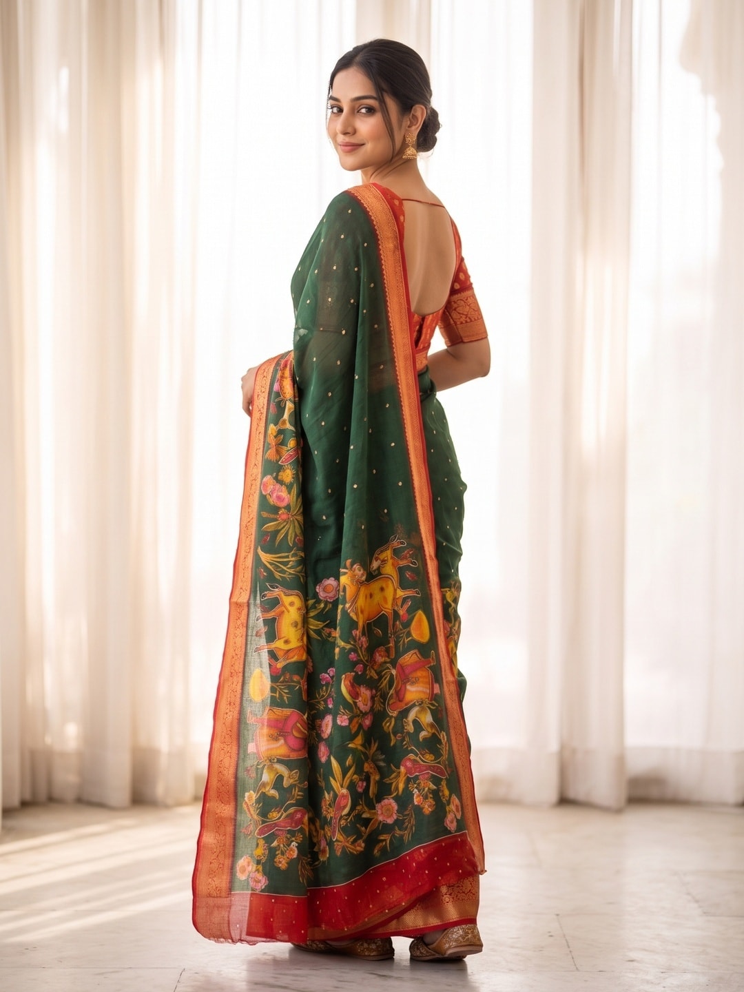 Peachmode Bottle Green Pure Moss Georgette Silk Saree With Jacquard And Kalamkari Zari Floral Print - Image 2