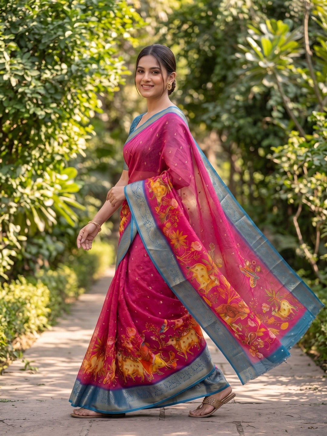 Peachmode Rani Pure Moss Georgette Silk Saree With Jacquard And Kalamkari Zari Floral Print - Image 3