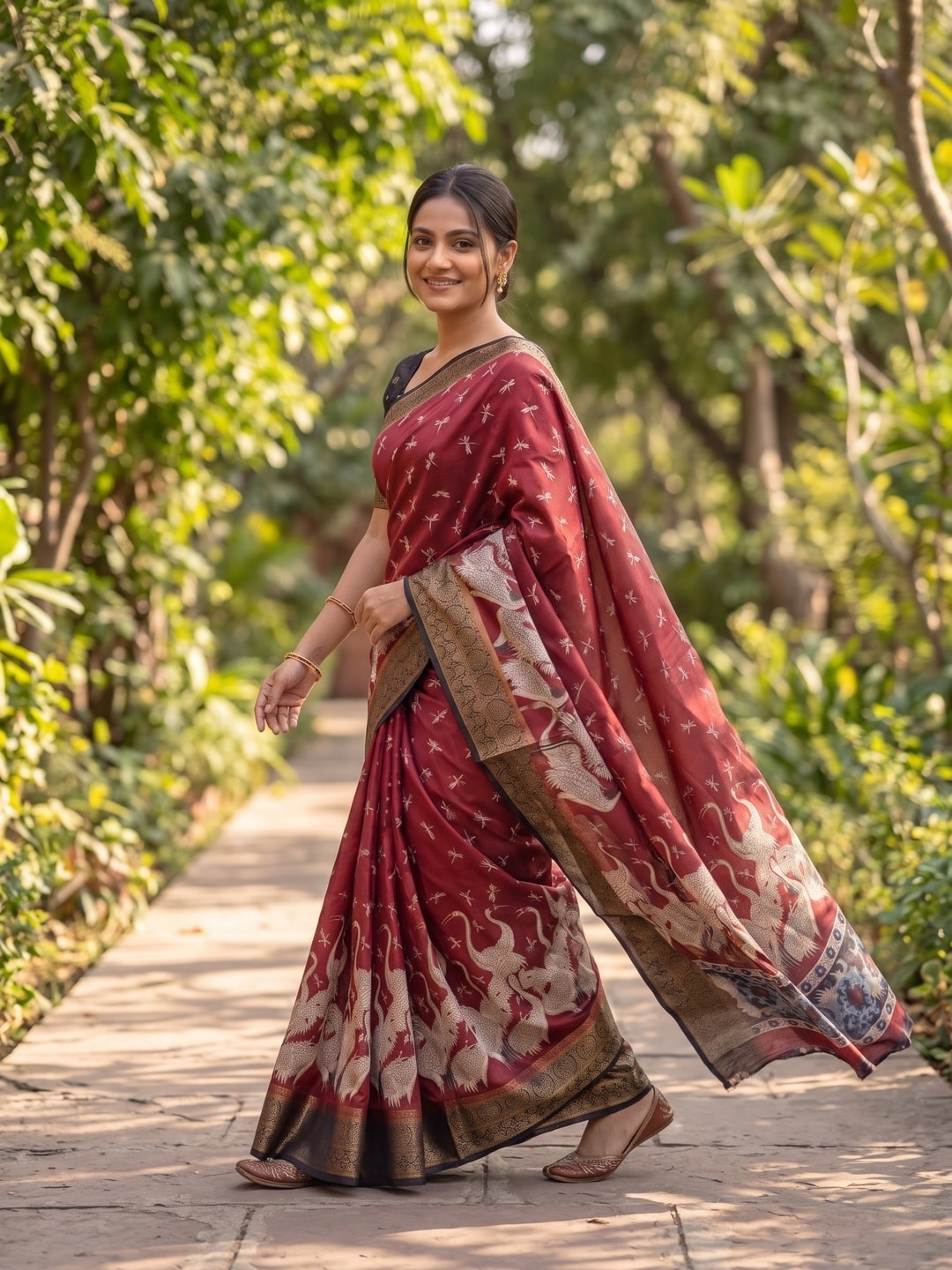 Peachmode Red Pure Cotton Silk Saree With Ricco Zari Jacquard And Crane Print - Image 3