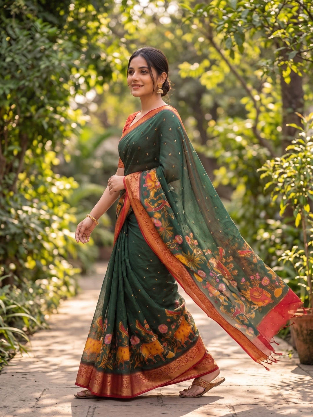 Peachmode Bottle Green Pure Moss Georgette Silk Saree With Jacquard And Kalamkari Zari Floral Print - Image 3