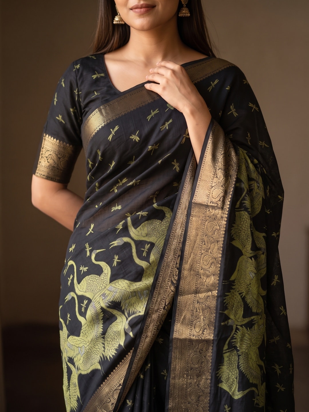 Peachmode Olive Green Pure Cotton Silk Saree With Ricco Zari Jacquard And Crane Print - Image 5