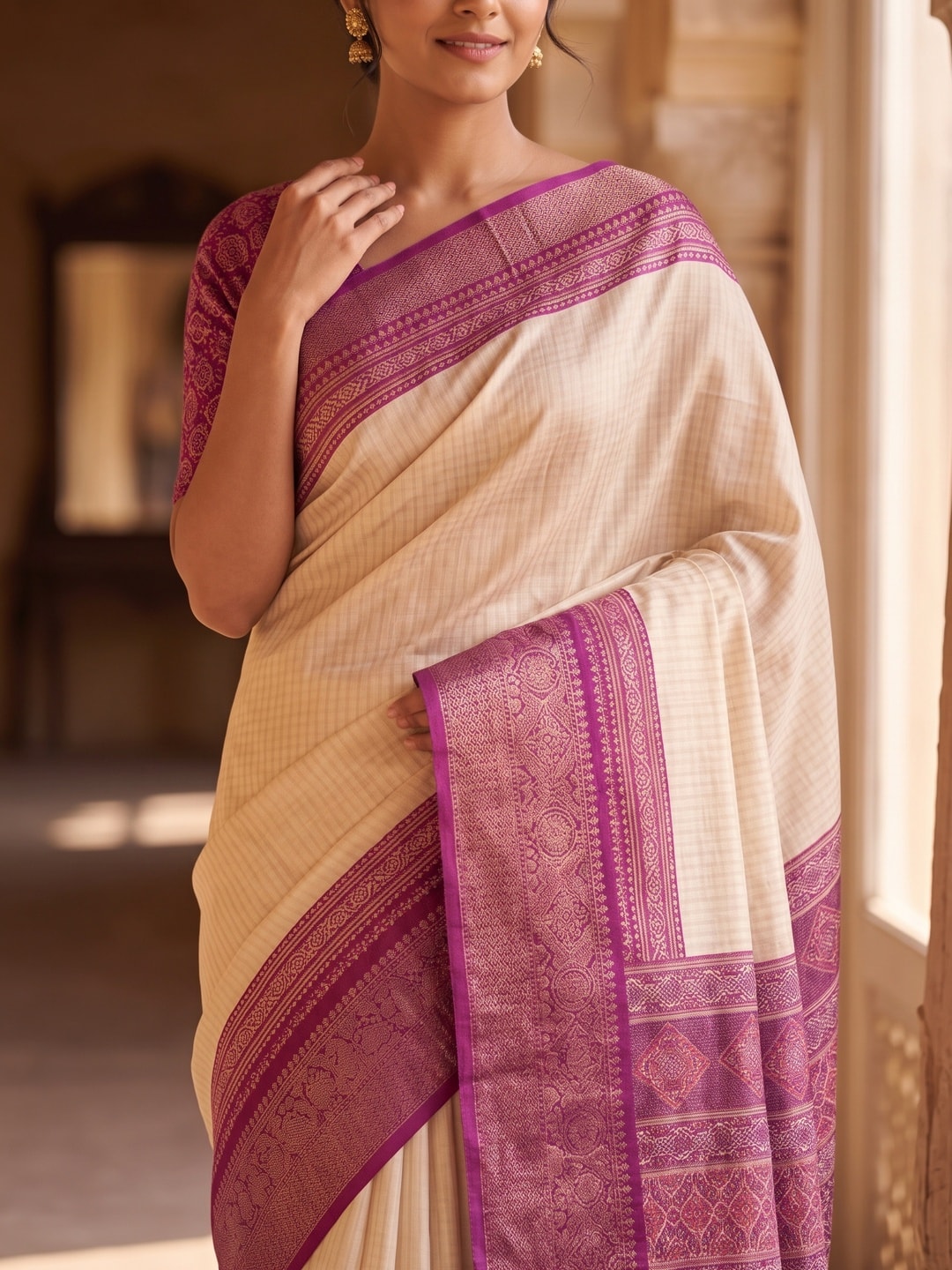 Peachmode Magenta Pure Cotton Silk Saree With Ricco Zari Jacquard And Chennur Ethnic Print Pallu - Image 5