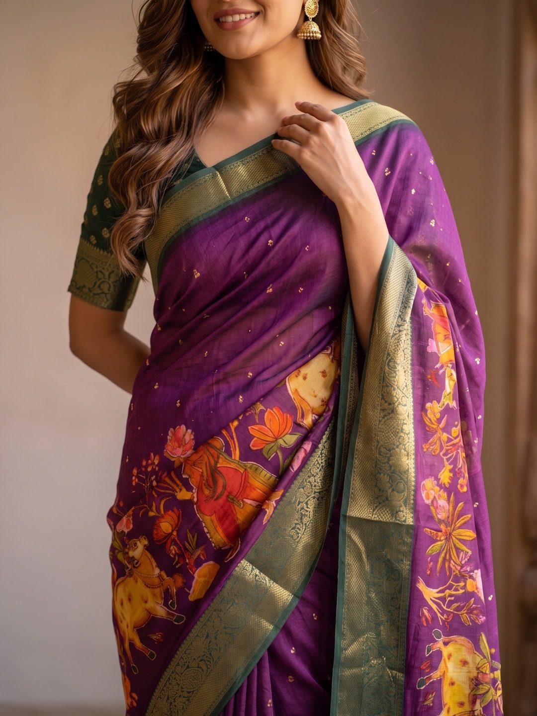 Peachmode Purple Pure Moss Georgette Silk Saree With Jacquard And Kalamkari Zari Floral Print - Image 5
