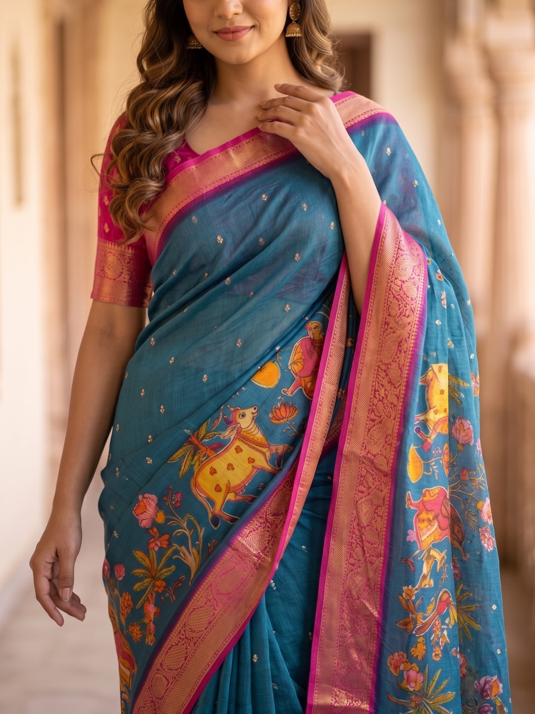Peachmode Teal Pure Moss Georgette Silk Saree With Jacquard And Kalamkari Zari Floral Print - Image 5