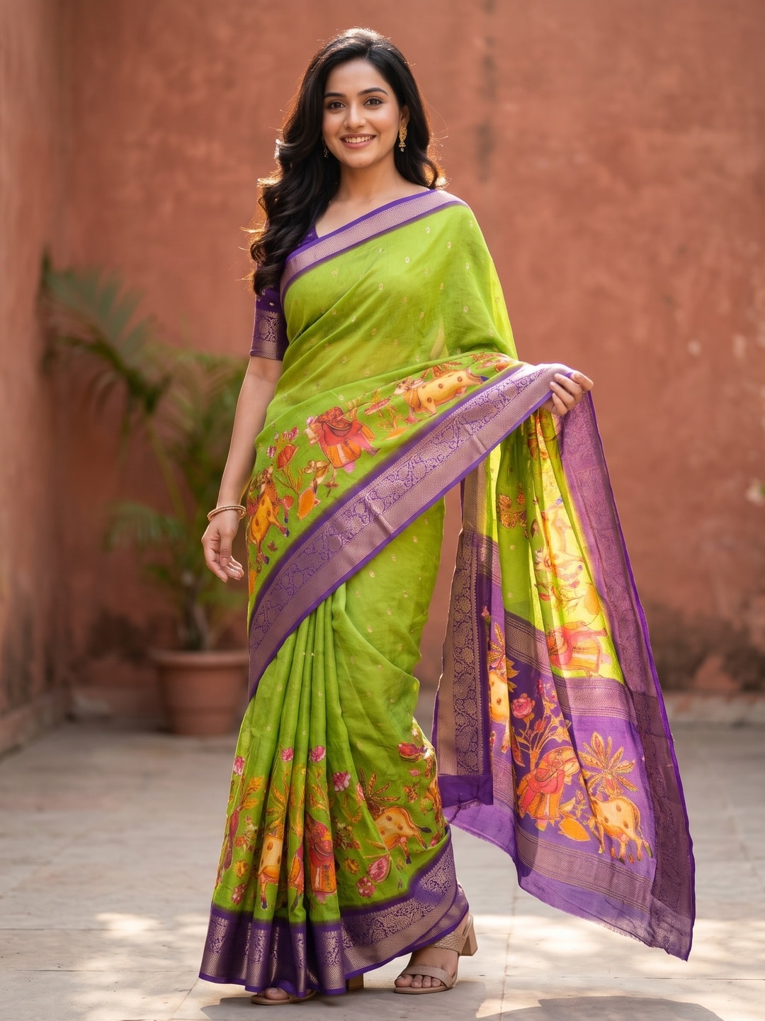 Peachmode Lime Green Pure Moss Georgette Silk Saree With Jacquard And Kalamkari Zari Floral Print - Image 1