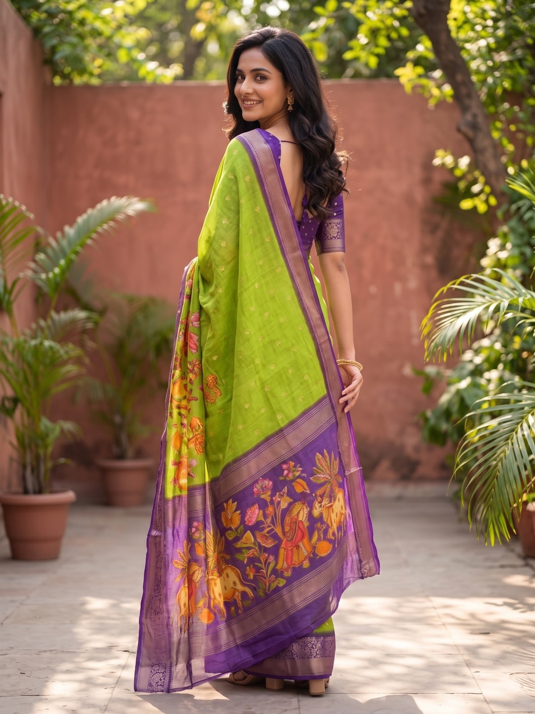 Peachmode Lime Green Pure Moss Georgette Silk Saree With Jacquard And Kalamkari Zari Floral Print - Image 2