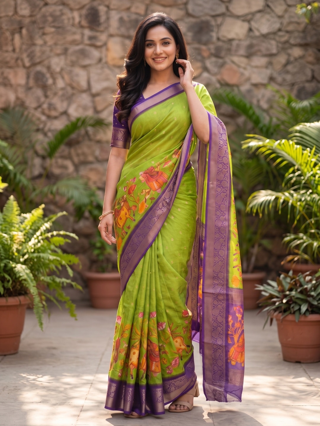 Peachmode Lime Green Pure Moss Georgette Silk Saree With Jacquard And Kalamkari Zari Floral Print - Image 4