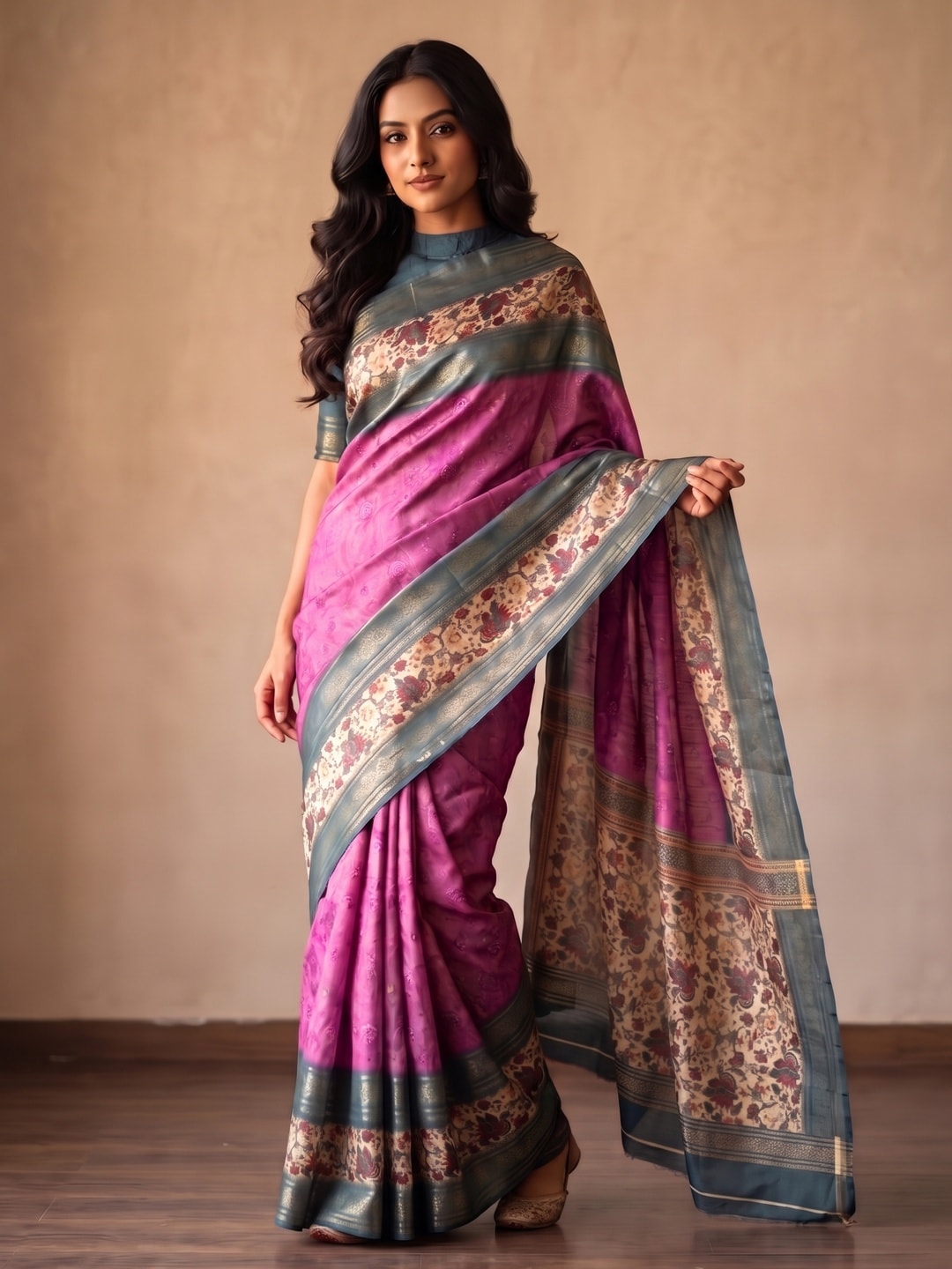 Peachmode Magenta Pure Cotton Silk Saree With Bentex Jacquard And Digital Print Panel Design - Image 1