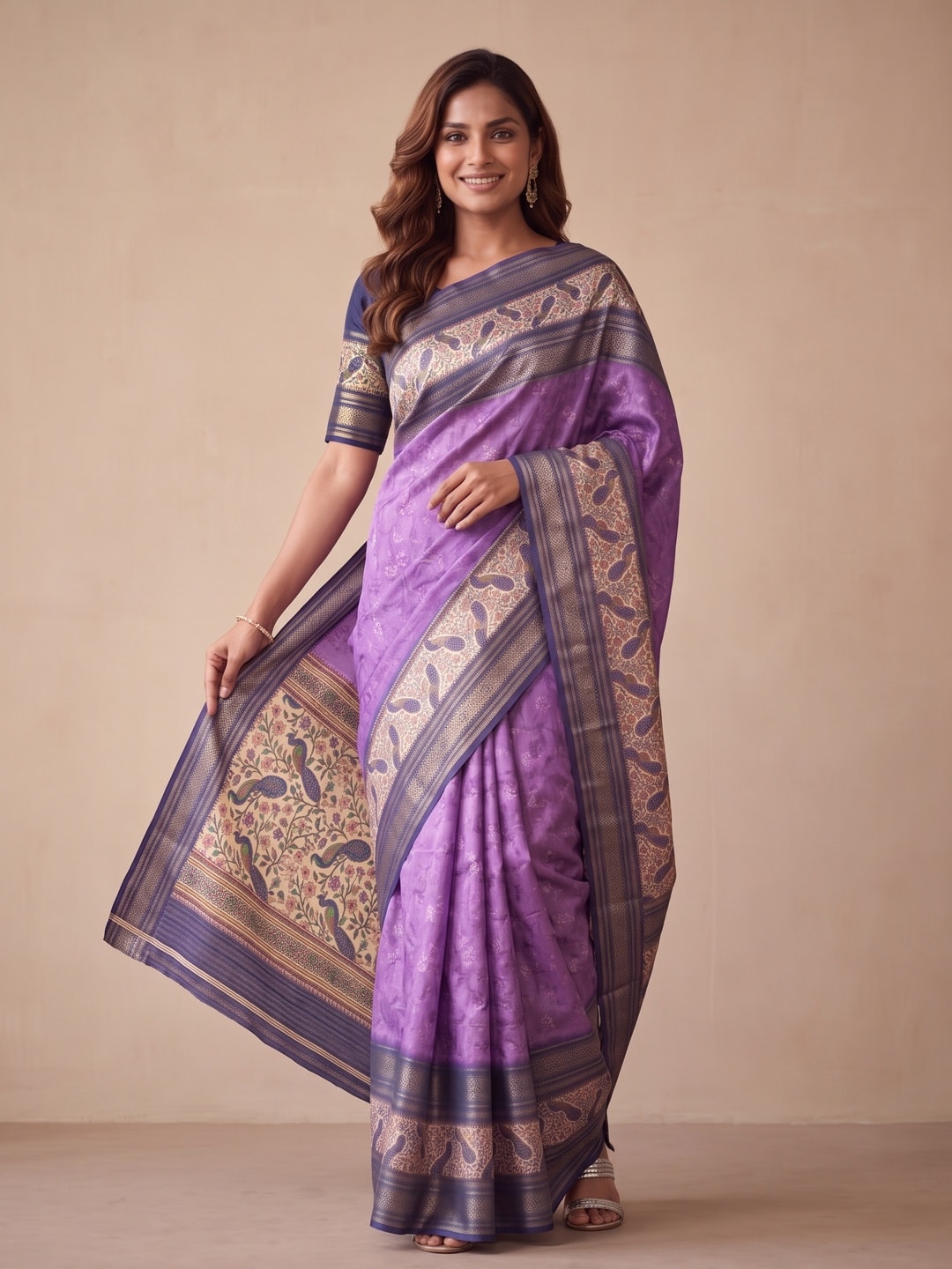 Peachmode Lavender Pure Cotton Silk Saree With Bentex Jacquard And Digital Print Panel Design - Image 1