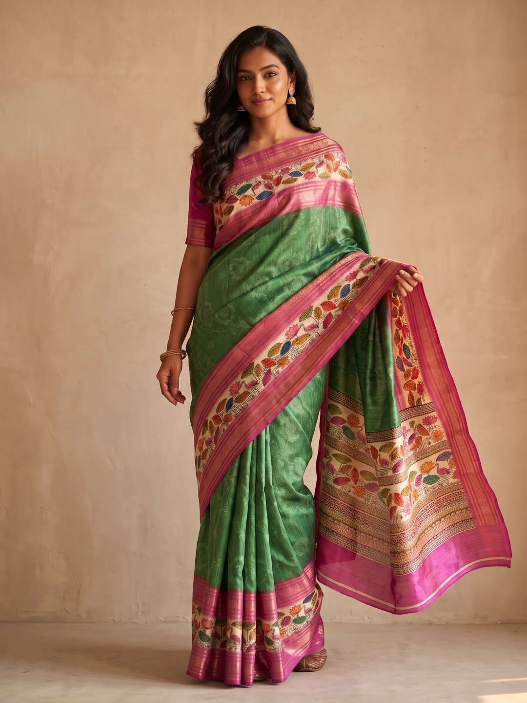 Peachmode Green Pure Cotton Silk Saree With Bentex Jacquard And Digital Print Panel Design - Image 1