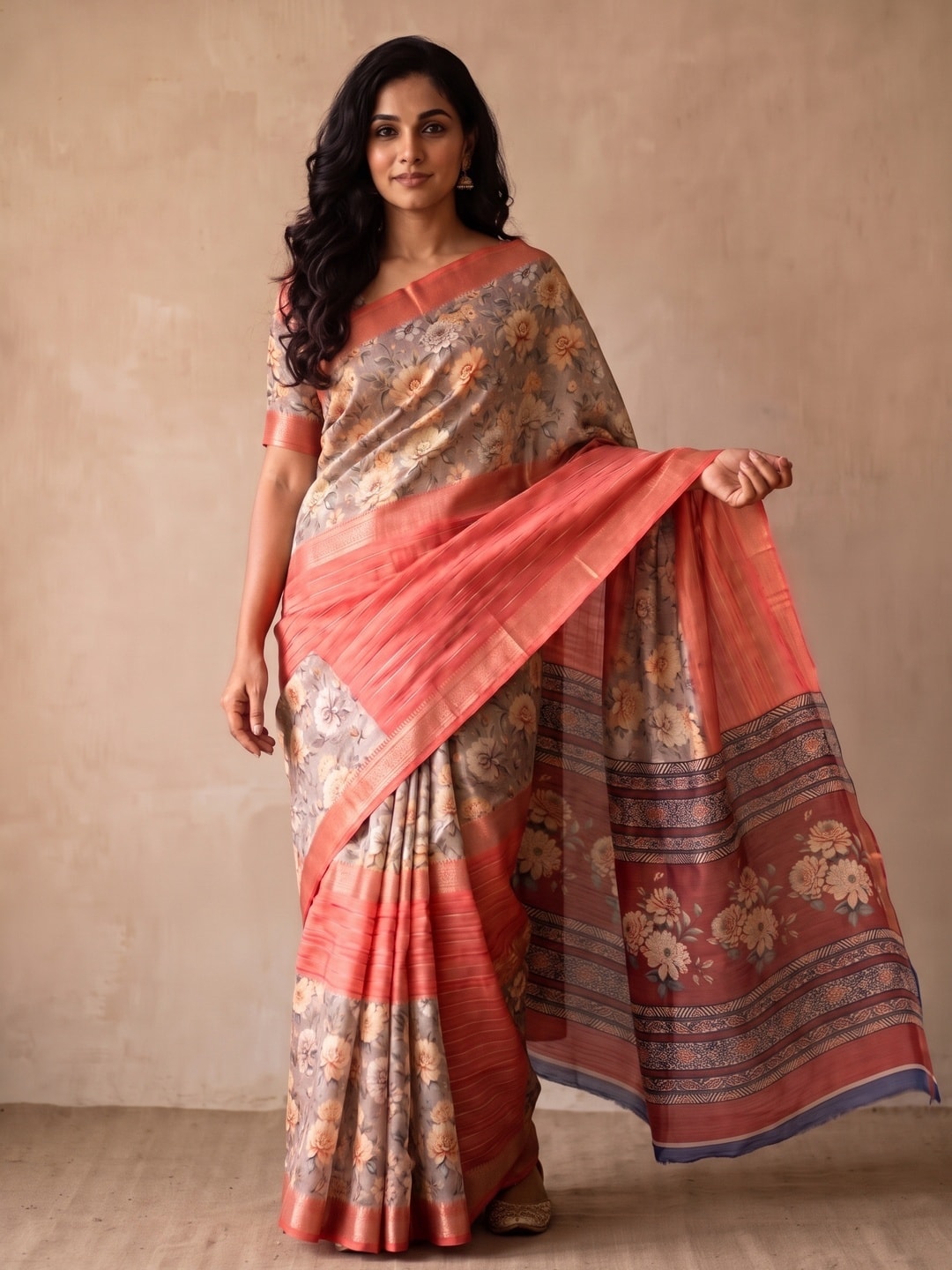 Peachmode Salmon Pure Cotton Silk Saree With Bentex Jacquard And Digital Print Panel Design - Image 1
