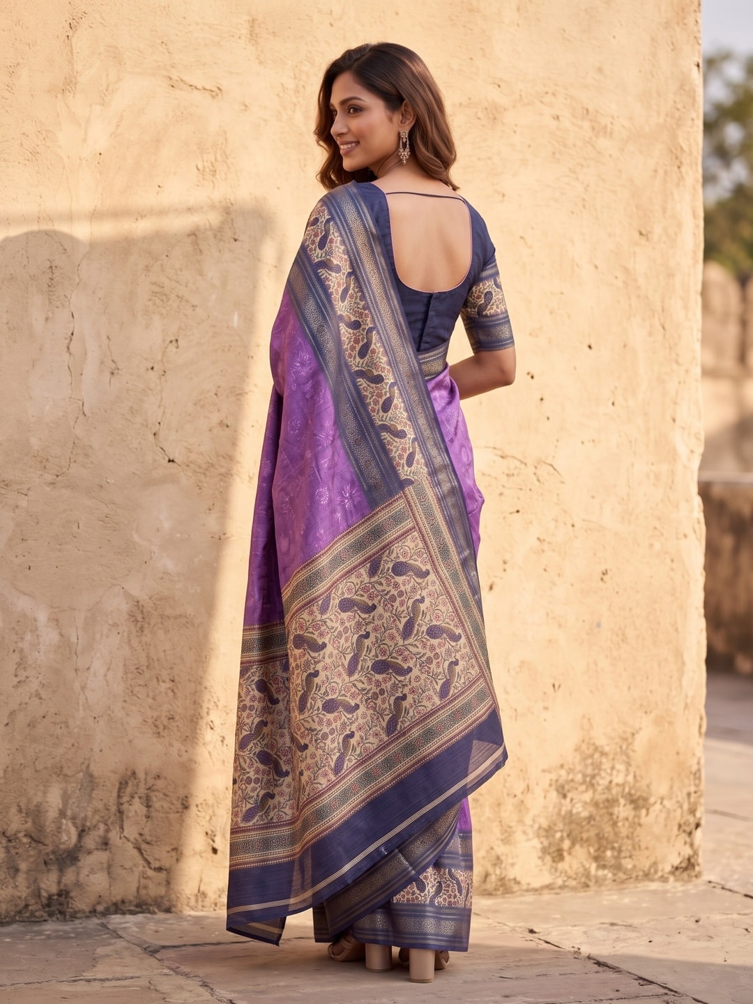 Peachmode Lavender Pure Cotton Silk Saree With Bentex Jacquard And Digital Print Panel Design - Image 2