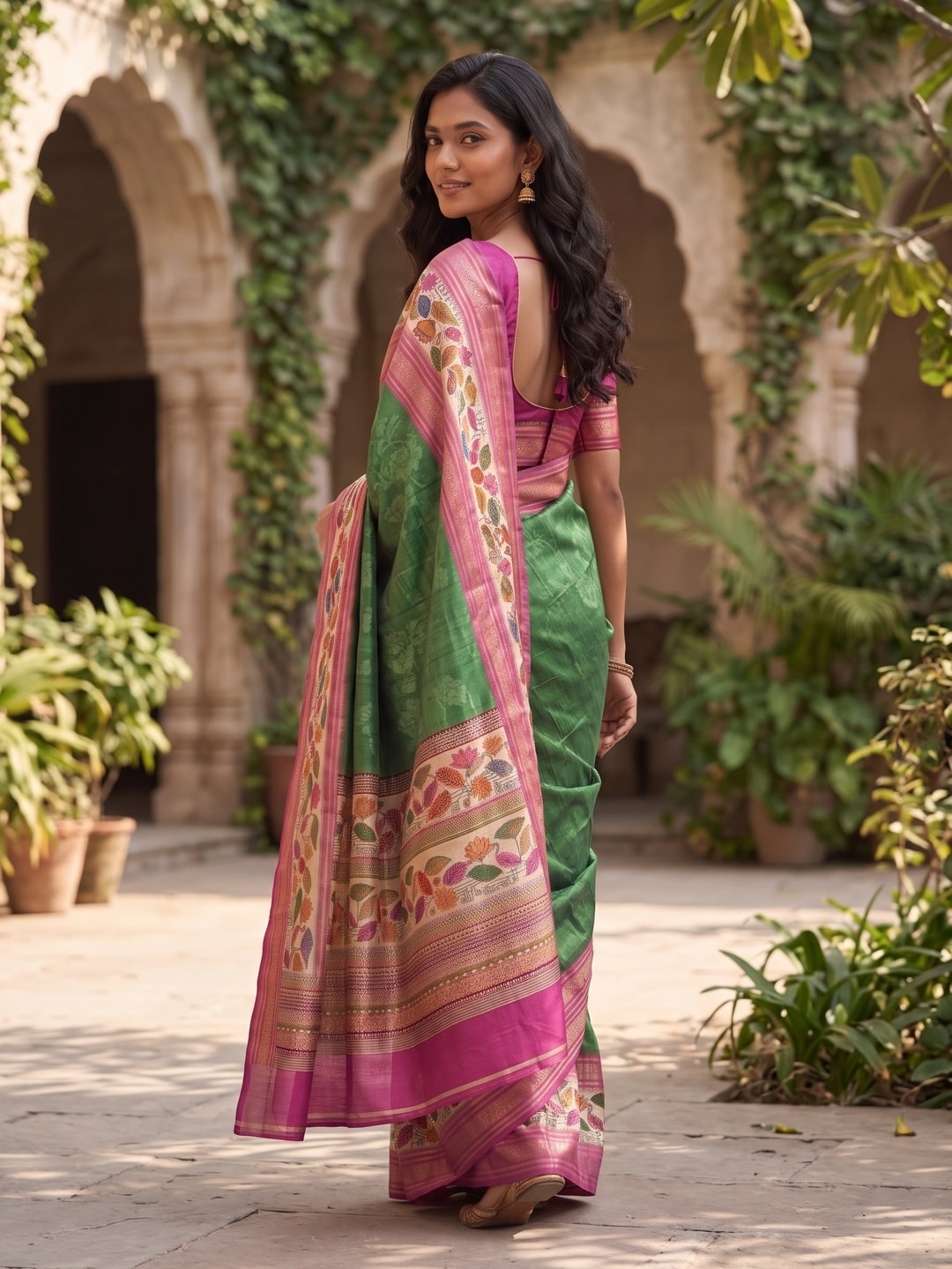 Peachmode Green Pure Cotton Silk Saree With Bentex Jacquard And Digital Print Panel Design - Image 2