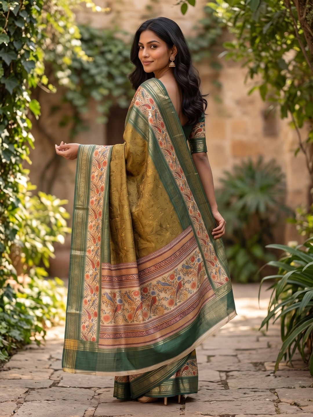 Peachmode Mustard Pure Cotton Silk Saree With Bentex Jacquard And Digital Print Panel Design - Image 2