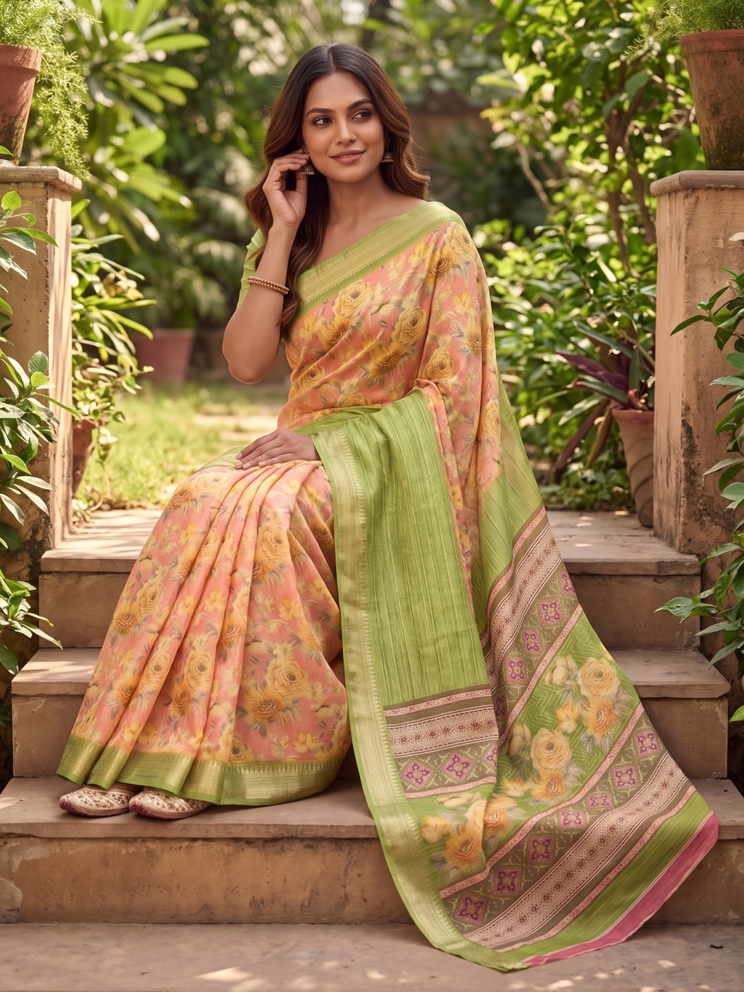 Peachmode Pista Green Pure Cotton Silk Saree With Bentex Jacquard And Digital Print Panel Design - Image 4