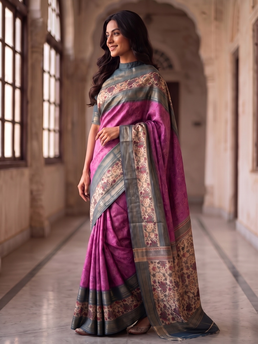 Peachmode Magenta Pure Cotton Silk Saree With Bentex Jacquard And Digital Print Panel Design - Image 3