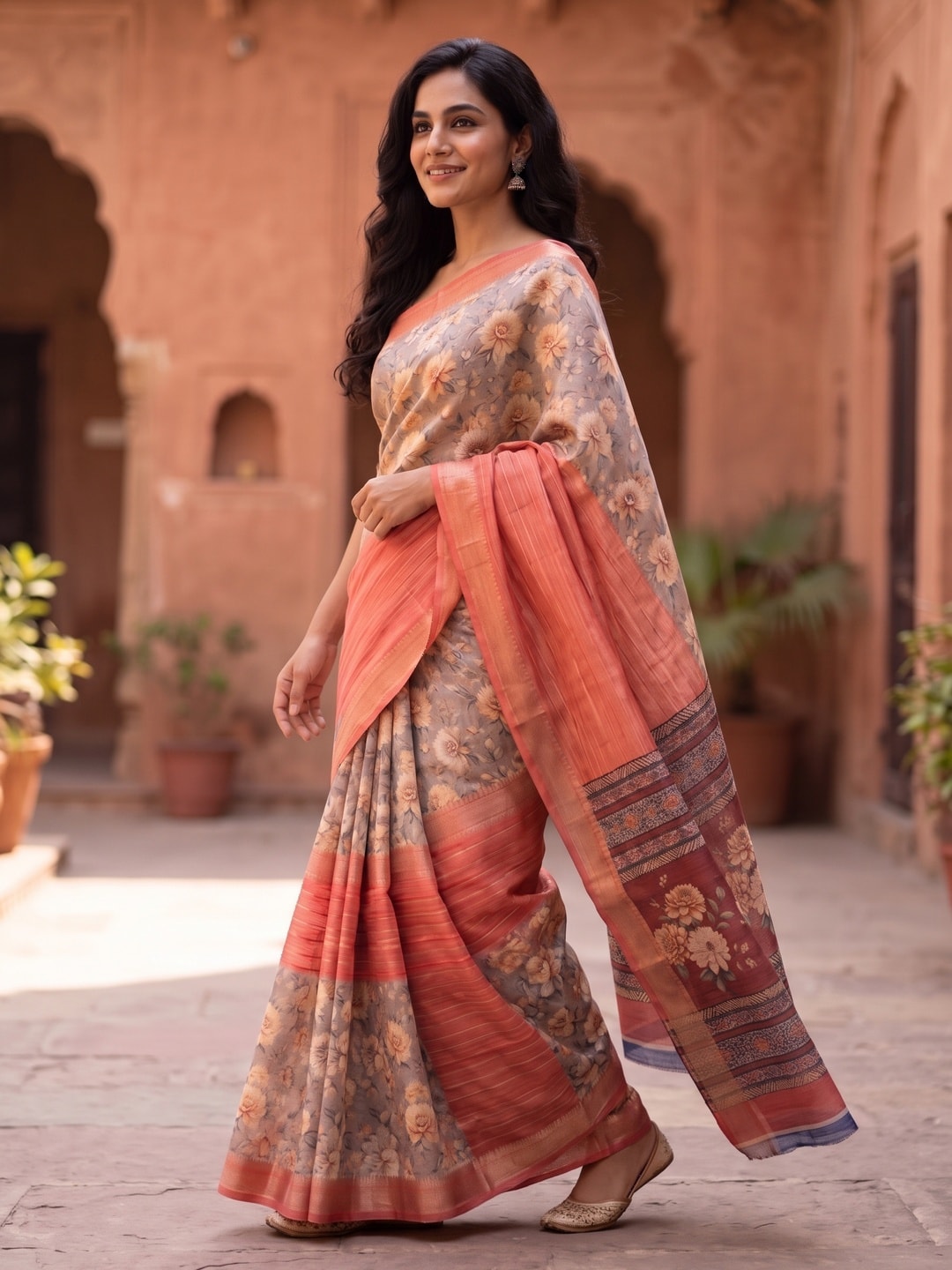 Peachmode Salmon Pure Cotton Silk Saree With Bentex Jacquard And Digital Print Panel Design - Image 3