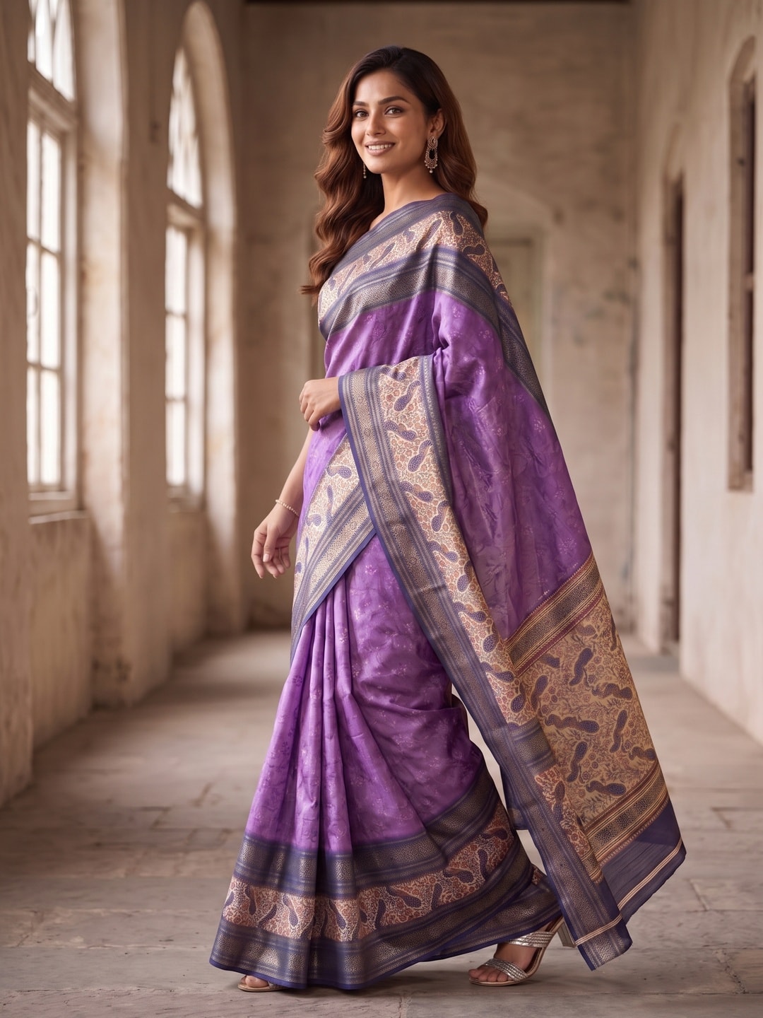 Peachmode Lavender Pure Cotton Silk Saree With Bentex Jacquard And Digital Print Panel Design - Image 3