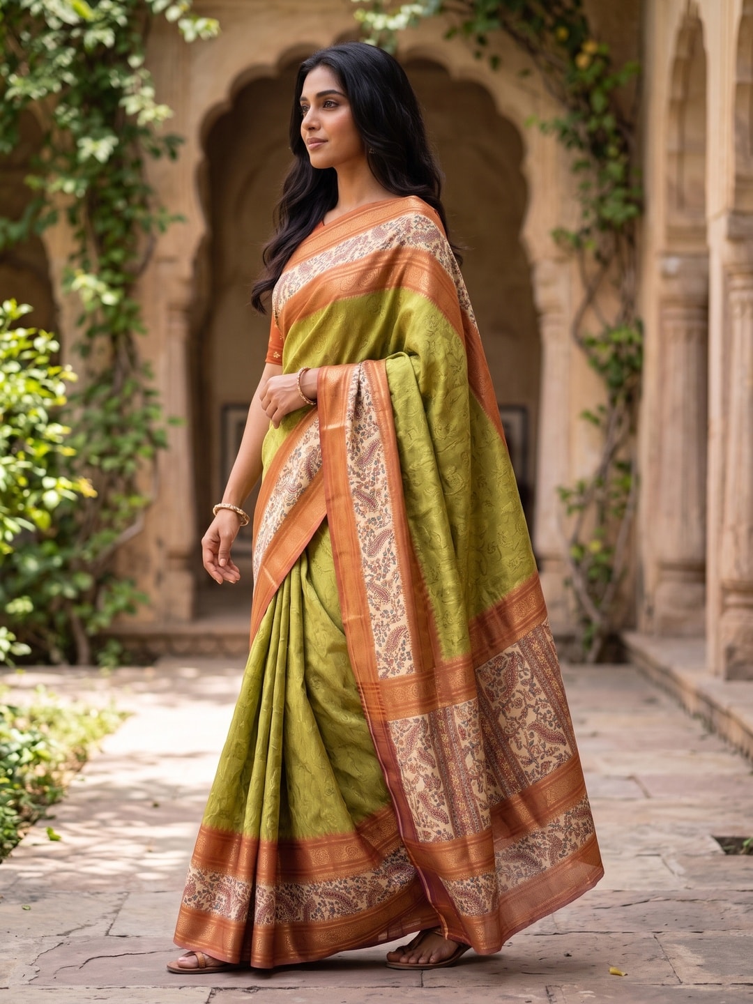 Peachmode Olive Pure Cotton Silk Saree With Bentex Jacquard And Digital Print Panel Design - Image 3