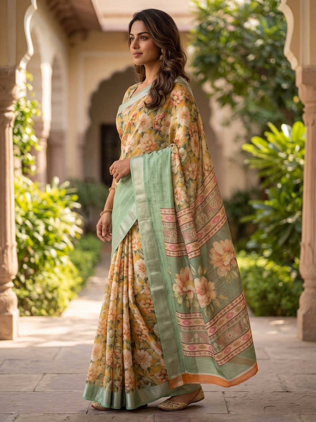 Peachmode Mint Green Pure Cotton Silk Saree With Bentex Jacquard And Digital Print Panel Design - Image 3