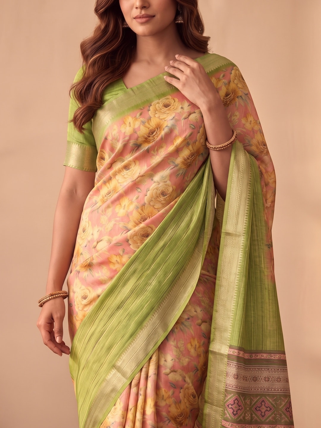 Peachmode Pista Green Pure Cotton Silk Saree With Bentex Jacquard And Digital Print Panel Design - Image 5