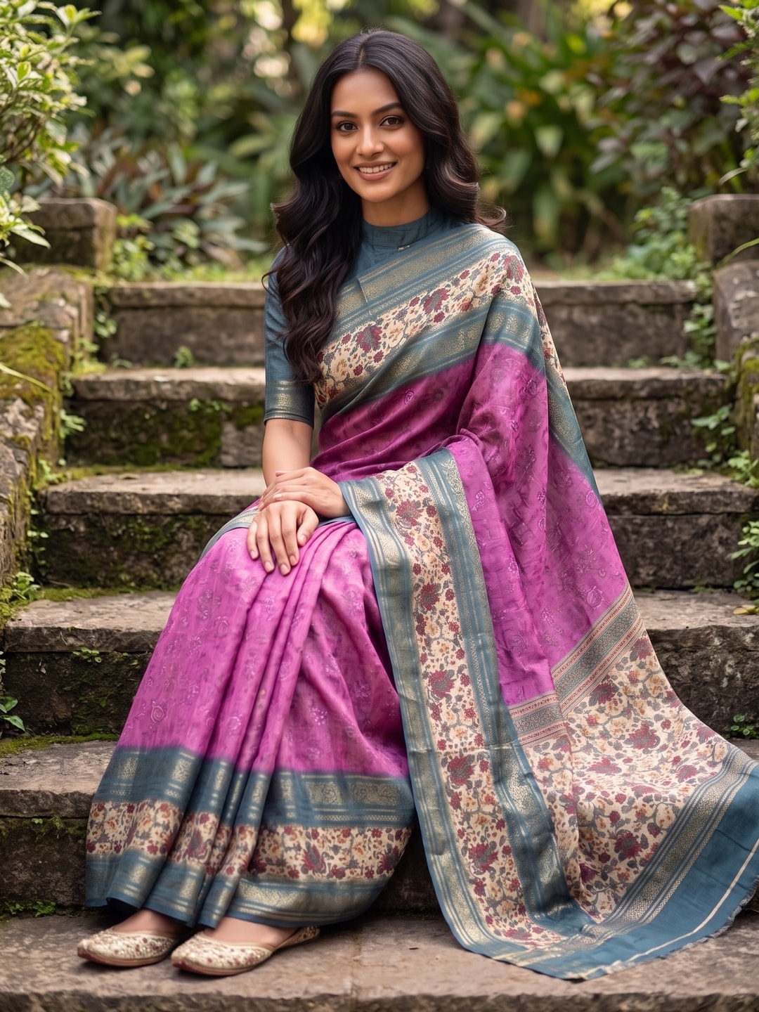 Peachmode Magenta Pure Cotton Silk Saree With Bentex Jacquard And Digital Print Panel Design - Image 4