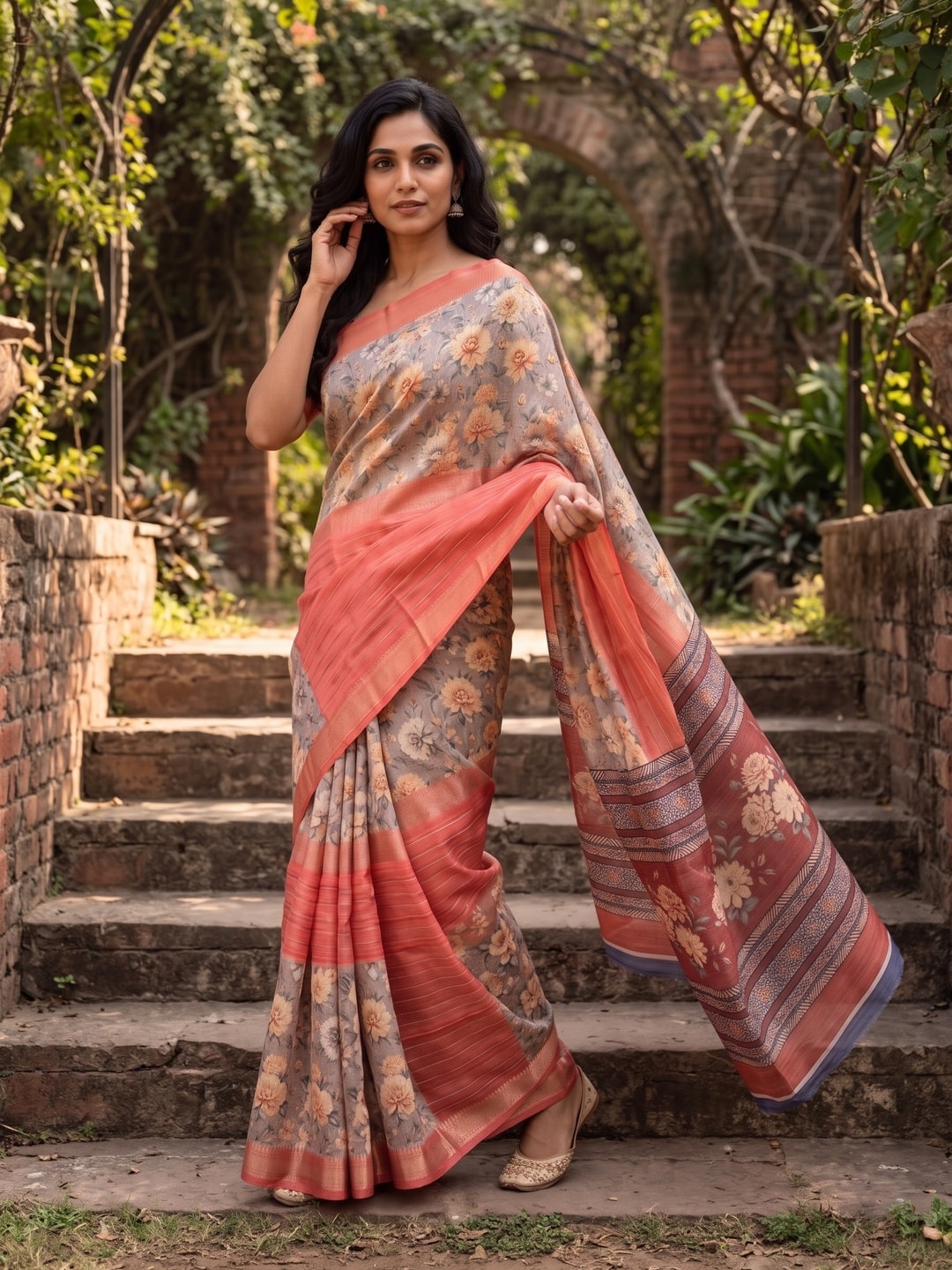 Peachmode Salmon Pure Cotton Silk Saree With Bentex Jacquard And Digital Print Panel Design - Image 4