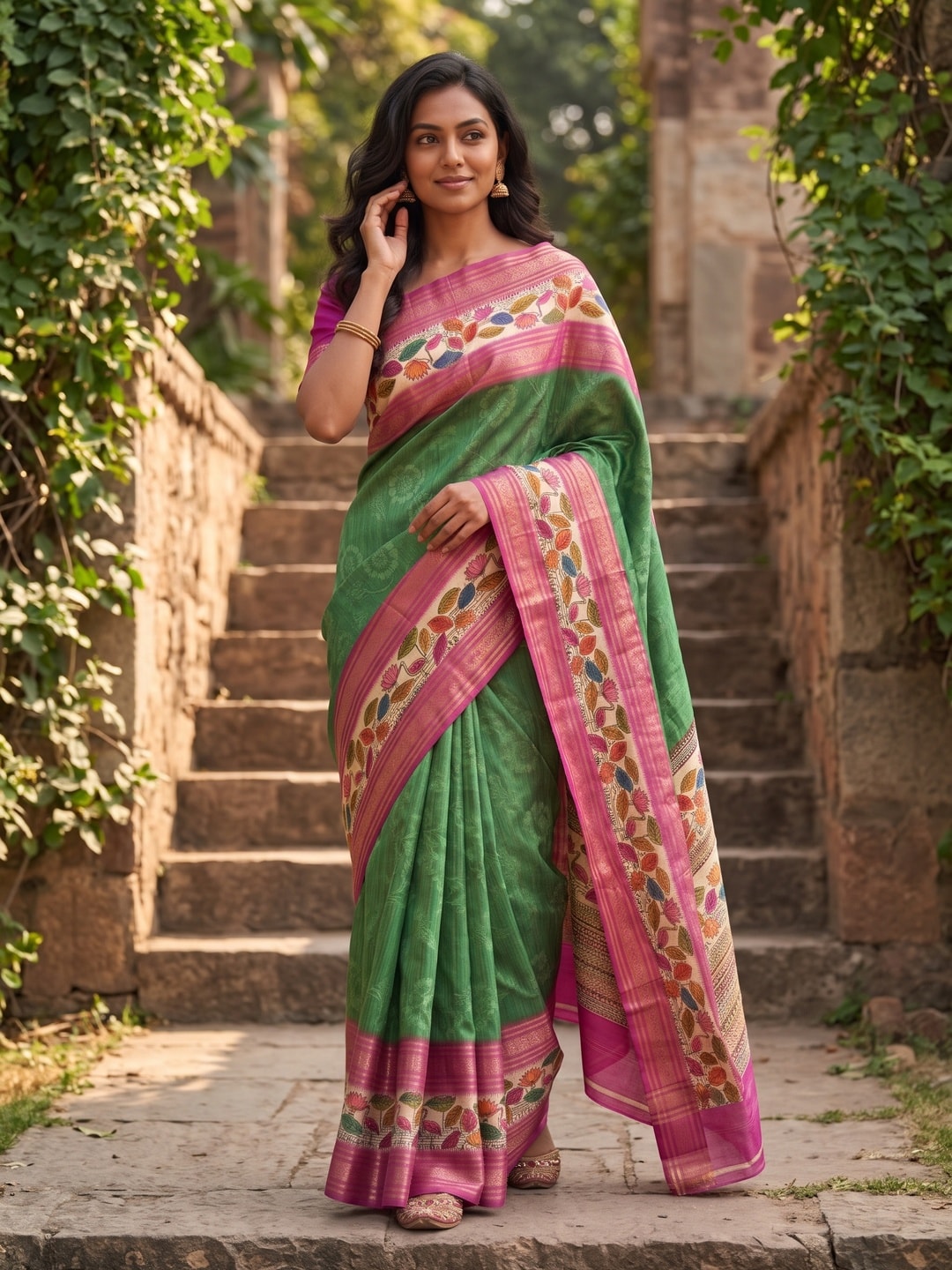 Peachmode Green Pure Cotton Silk Saree With Bentex Jacquard And Digital Print Panel Design - Image 4