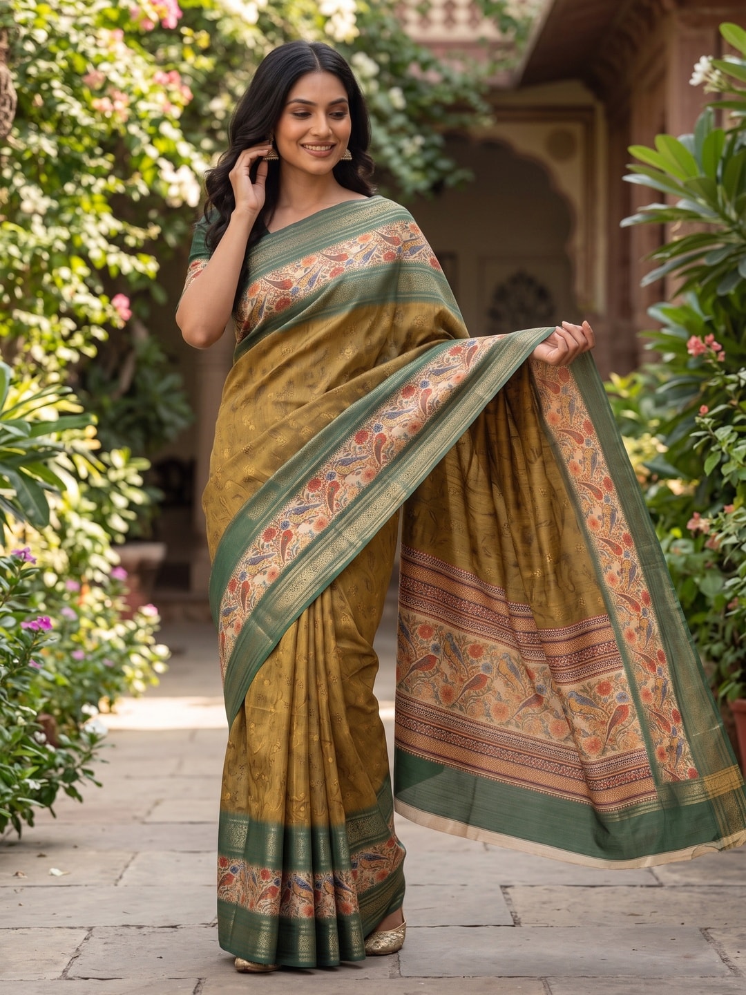 Peachmode Mustard Pure Cotton Silk Saree With Bentex Jacquard And Digital Print Panel Design - Image 4