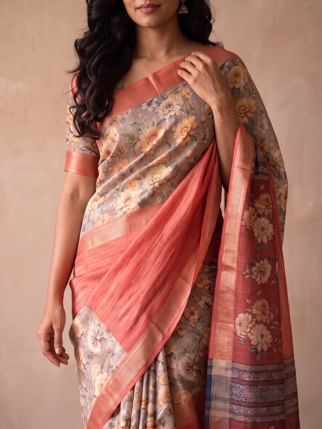 Peachmode Salmon Pure Cotton Silk Saree With Bentex Jacquard And Digital Print Panel Design - Image 5