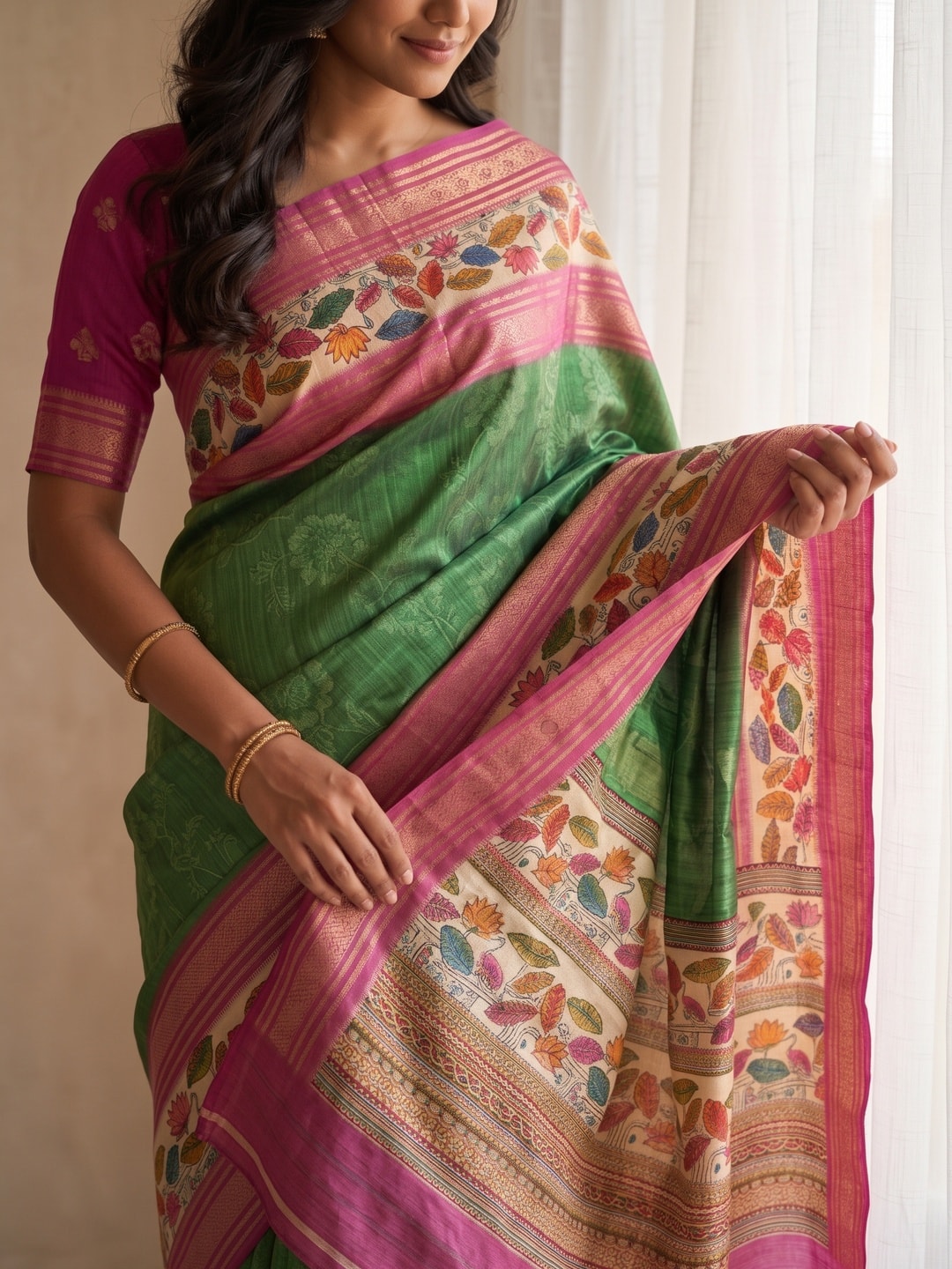 Peachmode Green Pure Cotton Silk Saree With Bentex Jacquard And Digital Print Panel Design - Image 5