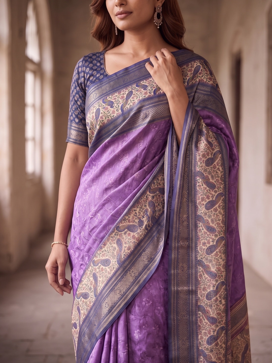 Peachmode Lavender Pure Cotton Silk Saree With Bentex Jacquard And Digital Print Panel Design - Image 5