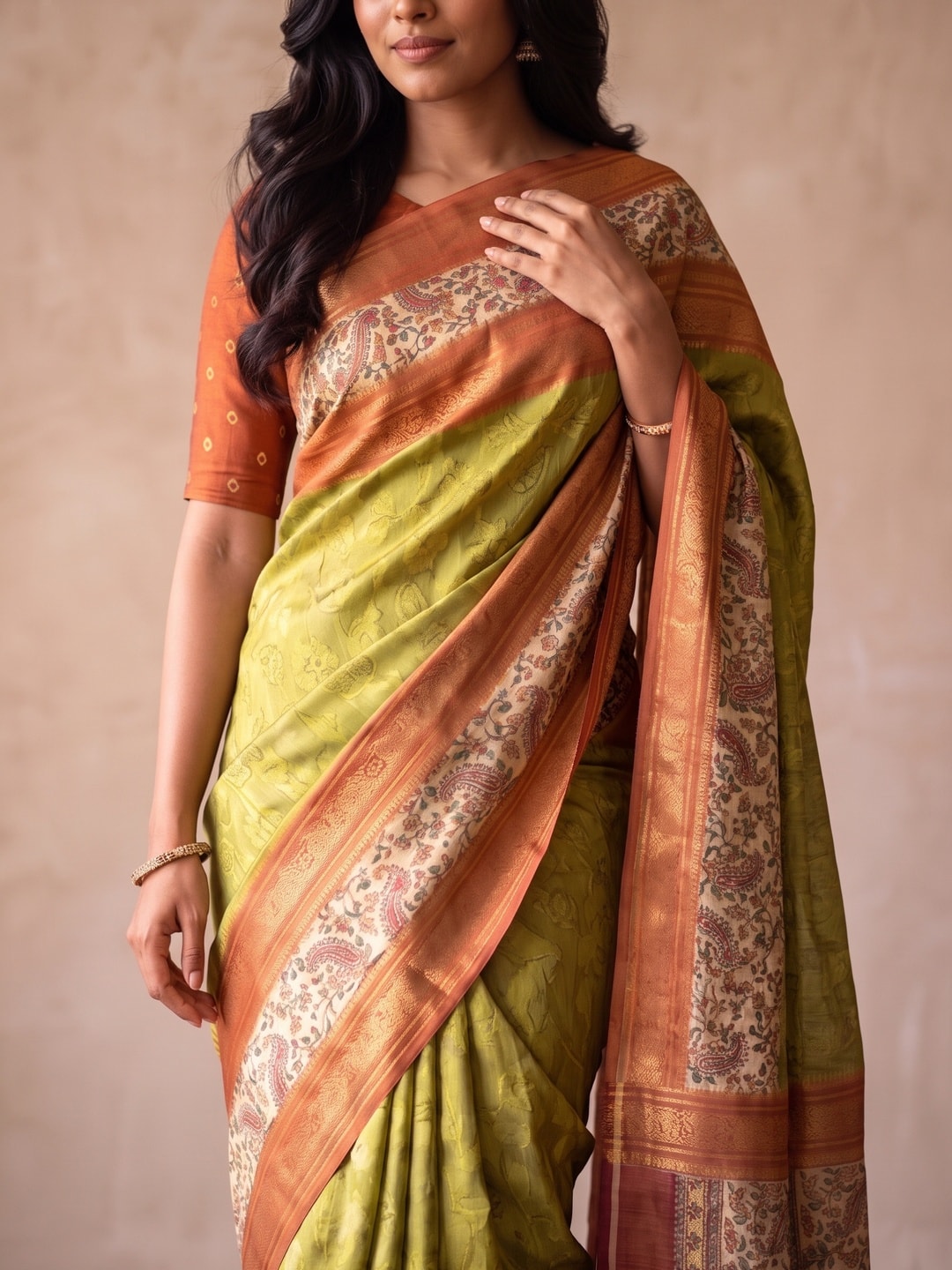 Peachmode Olive Pure Cotton Silk Saree With Bentex Jacquard And Digital Print Panel Design - Image 5