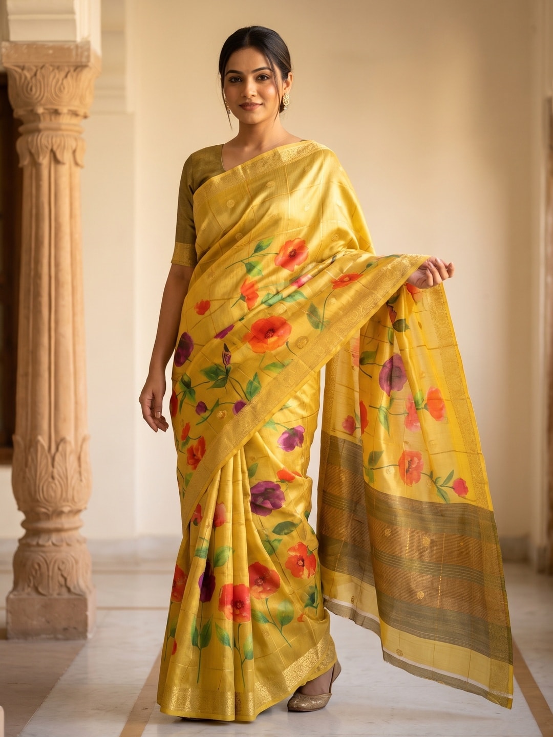 Peachmode Yellow Soft Cotton Chex Jacquard Saree With Kalamkari Weaving Butti And Digital Floral Print - Image 1
