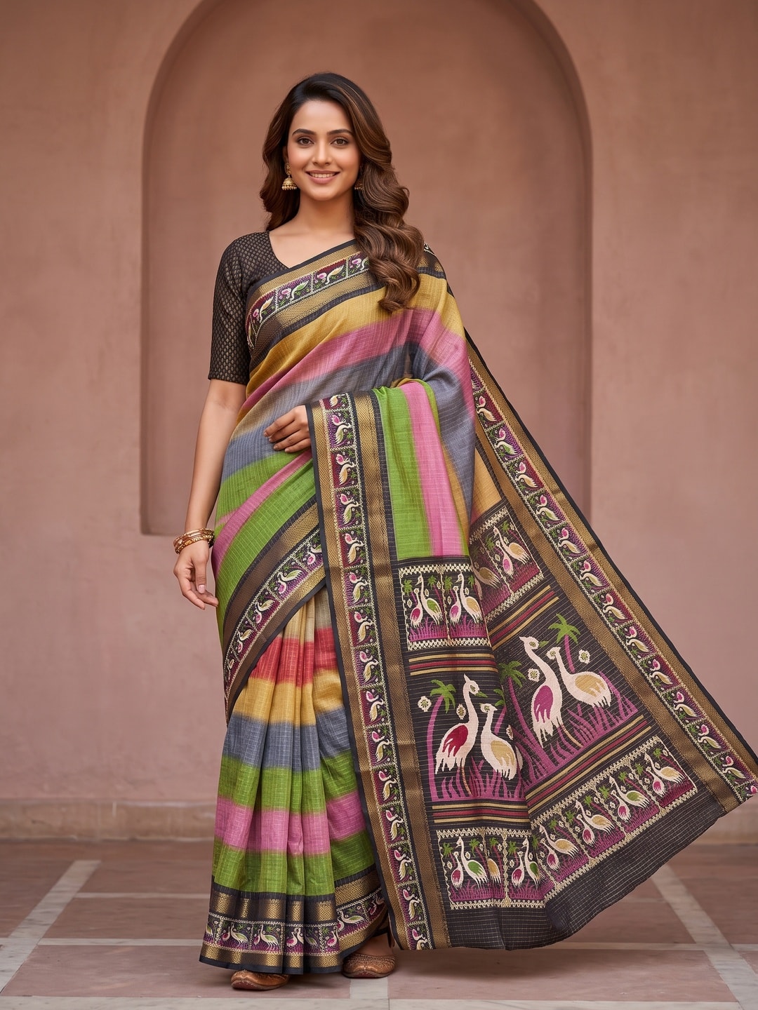 Peachmode Multicolor Moss Georgette Chex Saree With Bentex Jacquard Border And Crane Design - Image 1