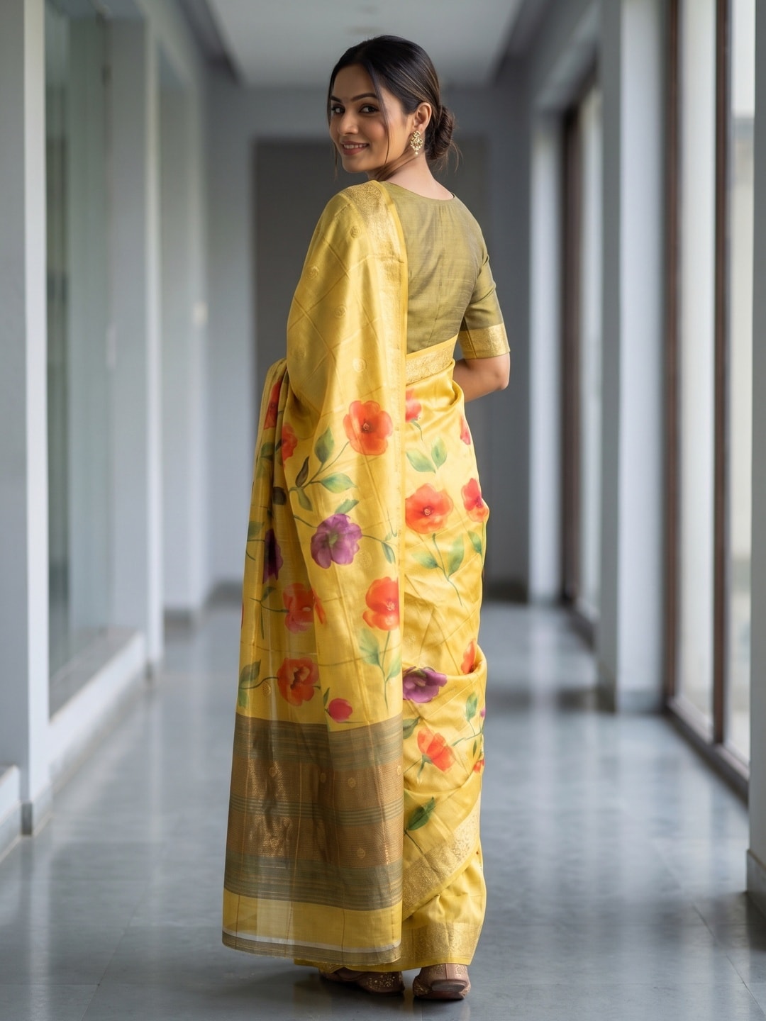 Peachmode Yellow Soft Cotton Chex Jacquard Saree With Kalamkari Weaving Butti And Digital Floral Print - Image 2