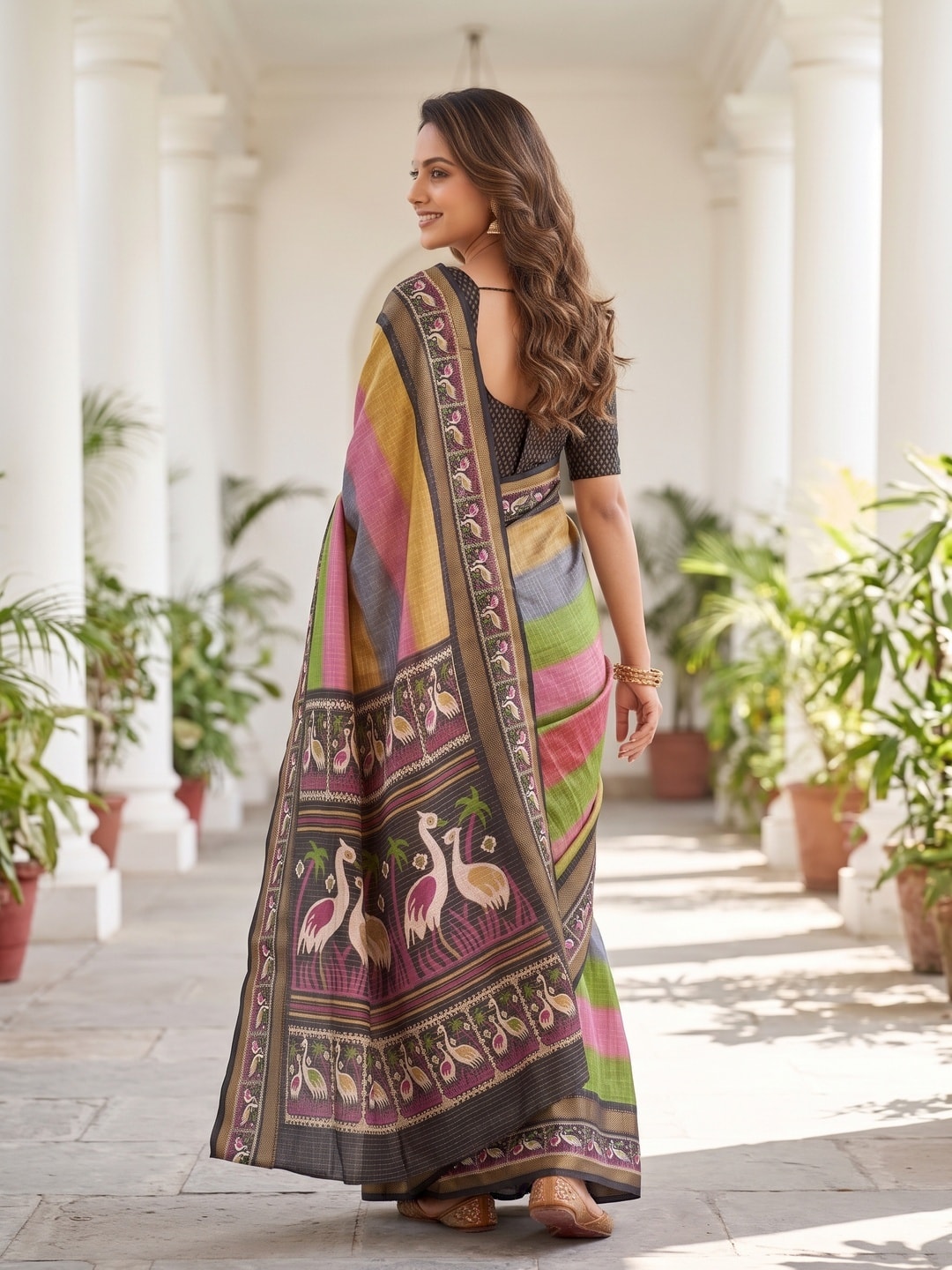 Peachmode Multicolor Moss Georgette Chex Saree With Bentex Jacquard Border And Crane Design - Image 2
