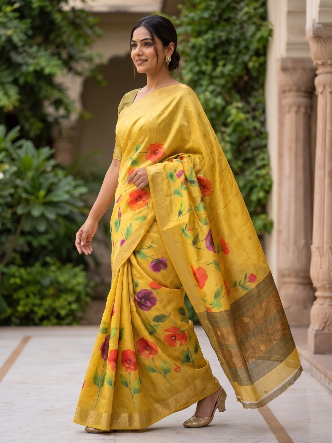 Peachmode Yellow Soft Cotton Chex Jacquard Saree With Kalamkari Weaving Butti And Digital Floral Print - Image 3